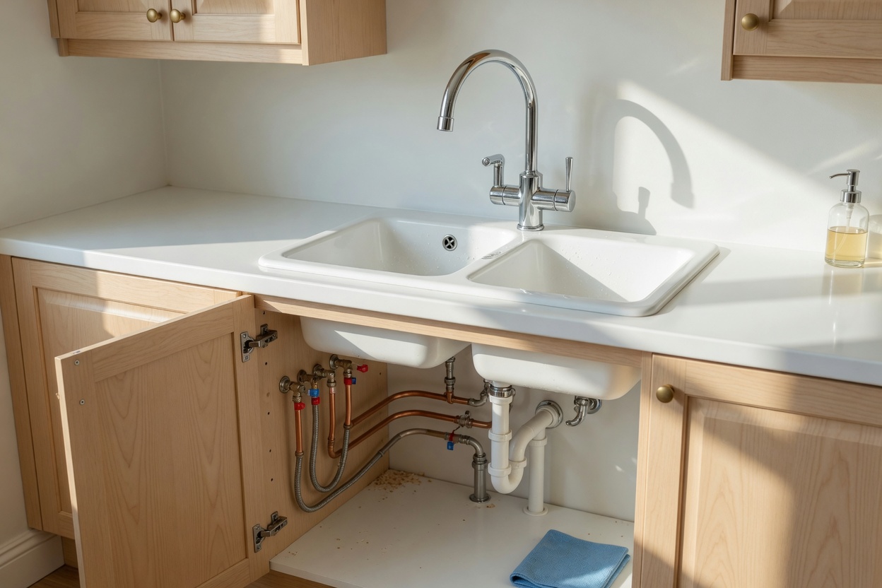 A kitchen sink with copper supply lines