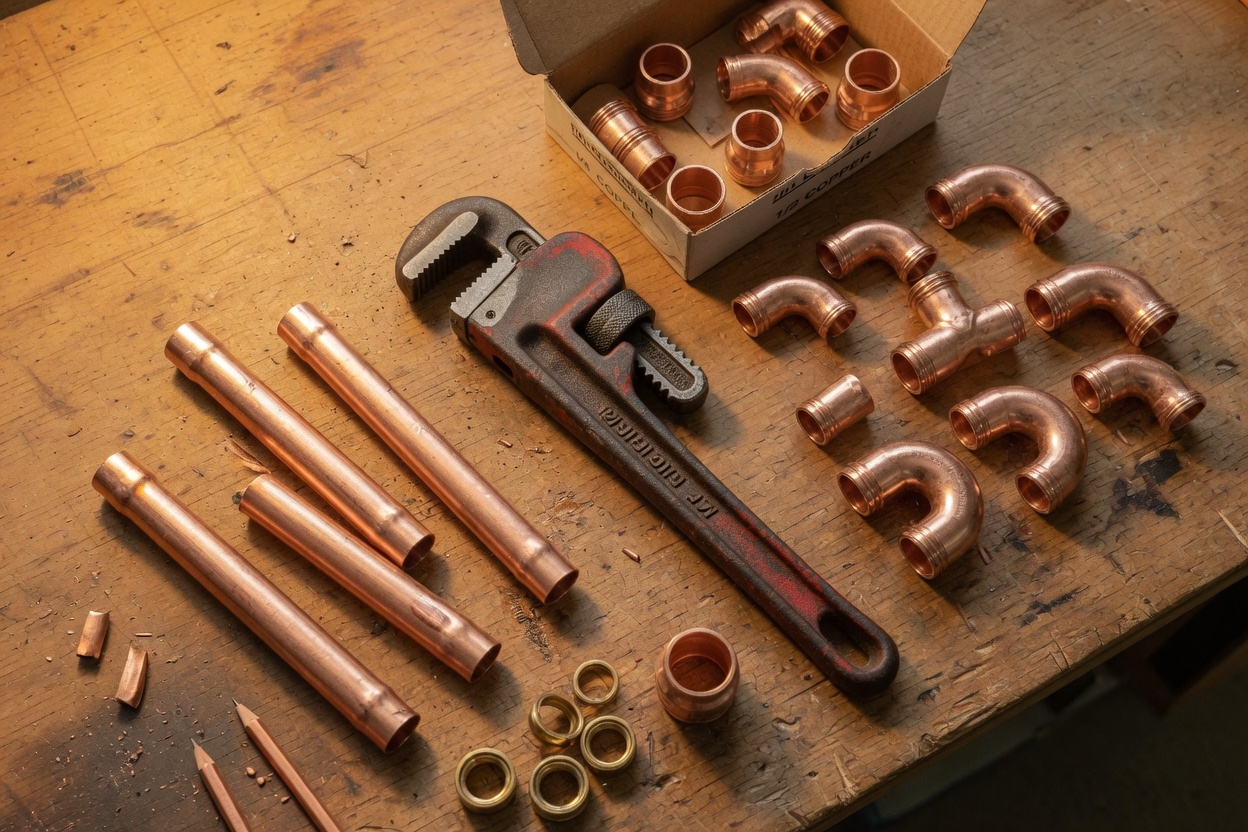 Copper fittings and a pipe wrench on a bench